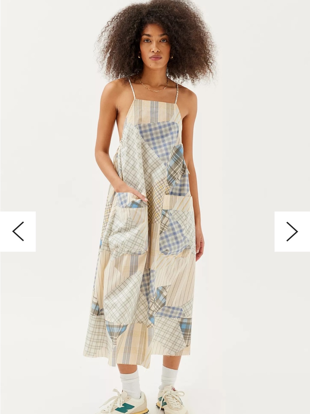 Urban Outfitters UO Stephie Plaid Midi Dress Blue Cream Adjustable L Pockets